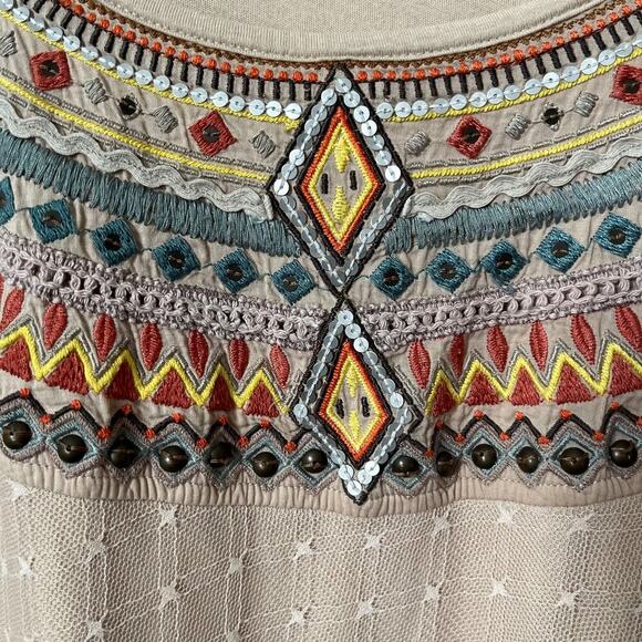 Anthropologie Lilka Embroidered Tulle Sequin Beaded Tee Top Womens Medium Boho - Picture 5 of 16